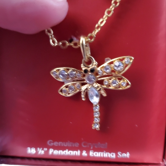 💖 Dragonfly necklace with earrings goldtone with clear gems. - Picture 11 of 13